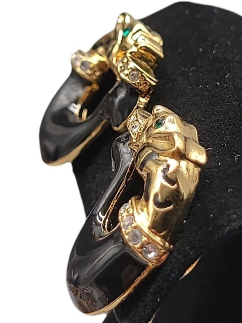 Jackie Collins Rare Clip On Earrings Figural Cougar Loop Black Enamel Rhinestone - Picture 6 of 12